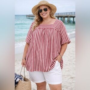 EUC Linen Blend Women's Plus 2XL
Shirt Top Blouse Pink White Striped Resort